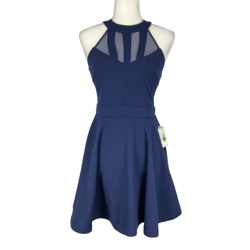 B Darlin Womens Fit Flare Party Dress Blue Mesh Sleeveless Juniors size 3 4